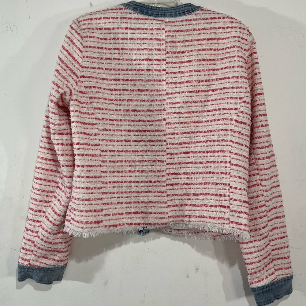 Ecru Denim Trim Tweed Jacket Size Medium Pink White Snap Front - Picture 4 of 10